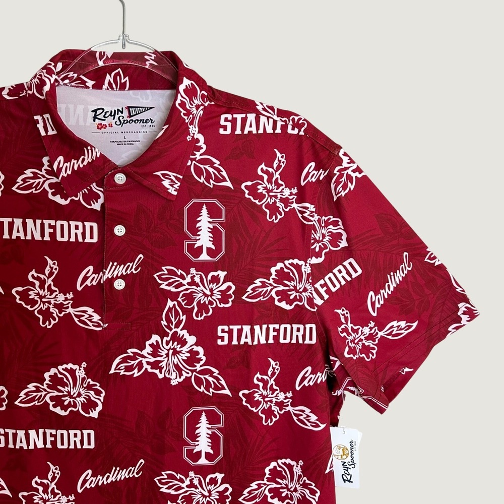 Reyn Spooner Mens Stanford Cardinal Performance Polo Shirt Red Floral NWT L